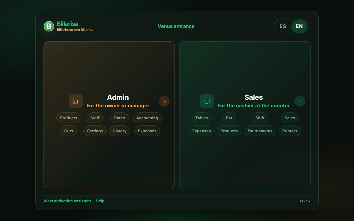 Billarisa pool hall POS access screen with Admin and Sales