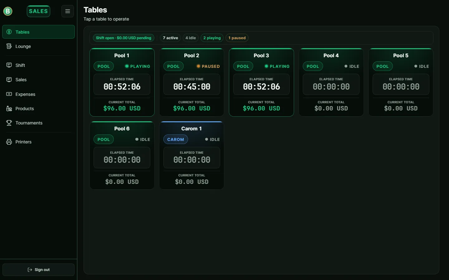 Billarisa pool and carom table control with live timers on the floor