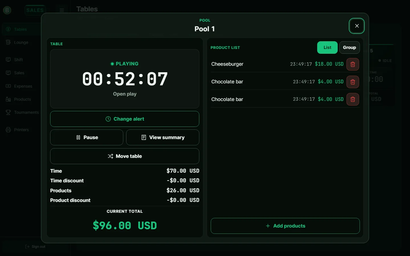 Billarisa live table screen with the clock running and View summary beside Pause