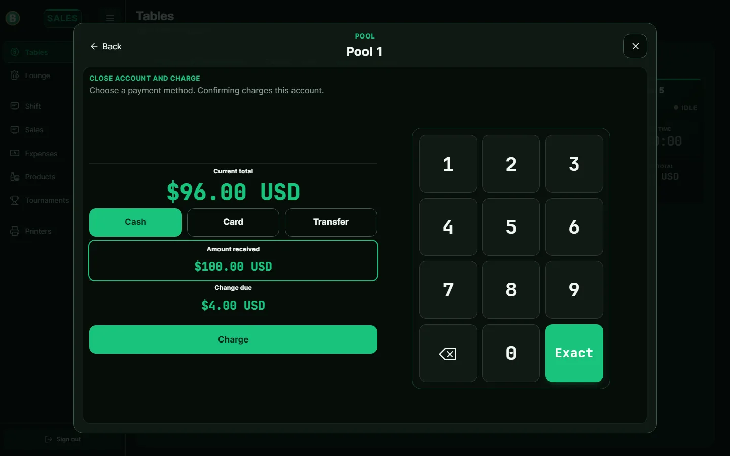 Billarisa POS cash checkout with total, amount received, change and on-screen keypad