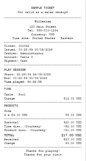 80 mm thermal ticket from the Billarisa billiard POS with the venue name