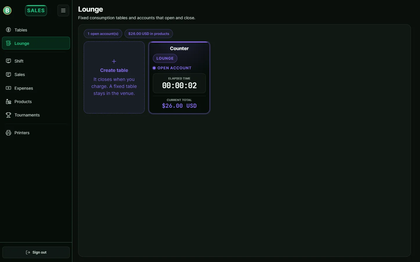 Billarisa Lounge screen: Counter card with elapsed time, no per-minute rate