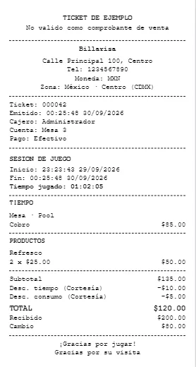 Ticket térmico 80 mm del POS Billarisa con el nombre del local