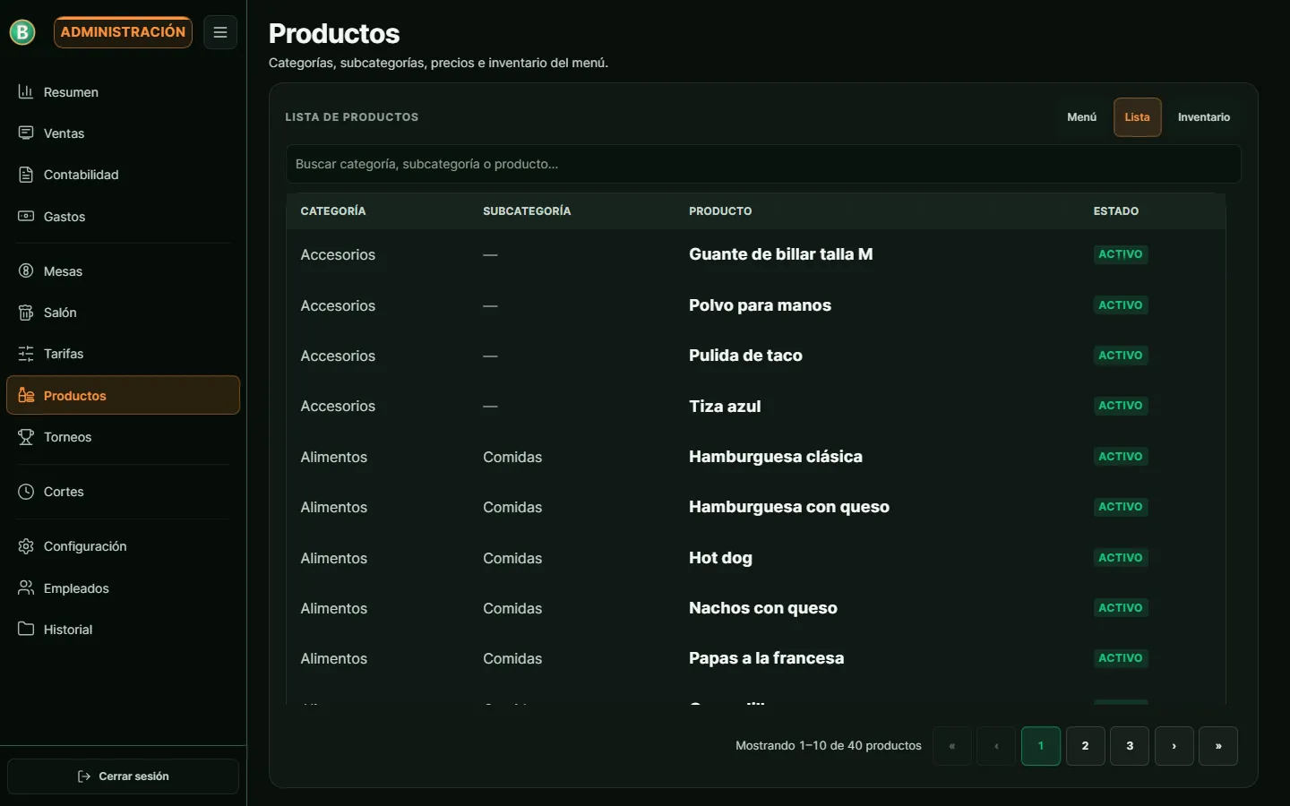 Catálogo de accesorios y alimentos en el POS Billarisa, no solo el cronómetro